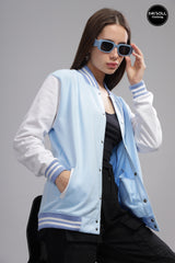 Women's Sky Blue & White Varsity Bomber Jacket