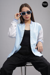 Women's Sky Blue & White Varsity Bomber Jacket