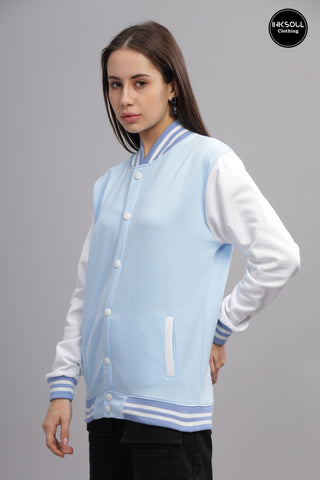 Women's Sky Blue & White Varsity Bomber Jacket