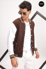 Men's Coffee Brown Solid Contrast Sleeve Bomber Varsity Jacket