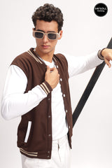 Men's Coffee Brown Solid Contrast Sleeve Bomber Varsity Jacket