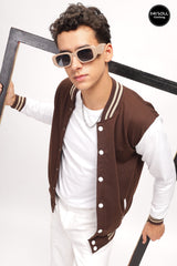 Men's Coffee Brown Solid Contrast Sleeve Bomber Varsity Jacket