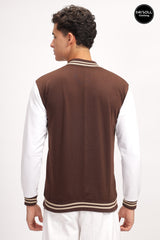 Men's Coffee Brown Solid Contrast Sleeve Bomber Varsity Jacket