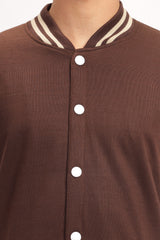 Men's Coffee Brown Solid Contrast Sleeve Bomber Varsity Jacket