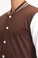 Men's Coffee Brown Solid Contrast Sleeve Bomber Varsity Jacket