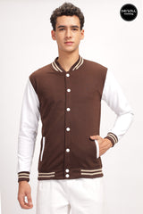 Men's Coffee Brown Solid Contrast Sleeve Bomber Varsity Jacket