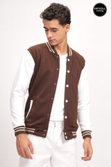 Men's Coffee Brown Solid Contrast Sleeve Bomber Varsity Jacket