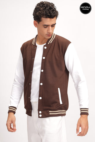 Men's Coffee Brown Solid Contrast Sleeve Bomber Varsity Jacket