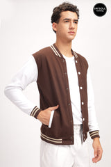 Men's Coffee Brown Solid Contrast Sleeve Bomber Varsity Jacket