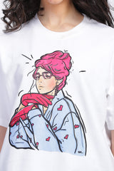 Women's Pink Hair Model Graphic Printed Oversized T-shirt