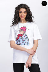 Women's Pink Hair Model Graphic Printed Oversized T-shirt