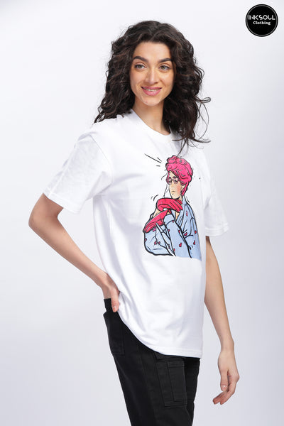 Women's Pink Hair Model Graphic Printed Oversized T-shirt