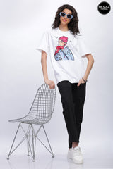 Women's Pink Hair Model Graphic Printed Oversized T-shirt