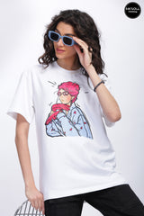 Women's Pink Hair Model Graphic Printed Oversized T-shirt